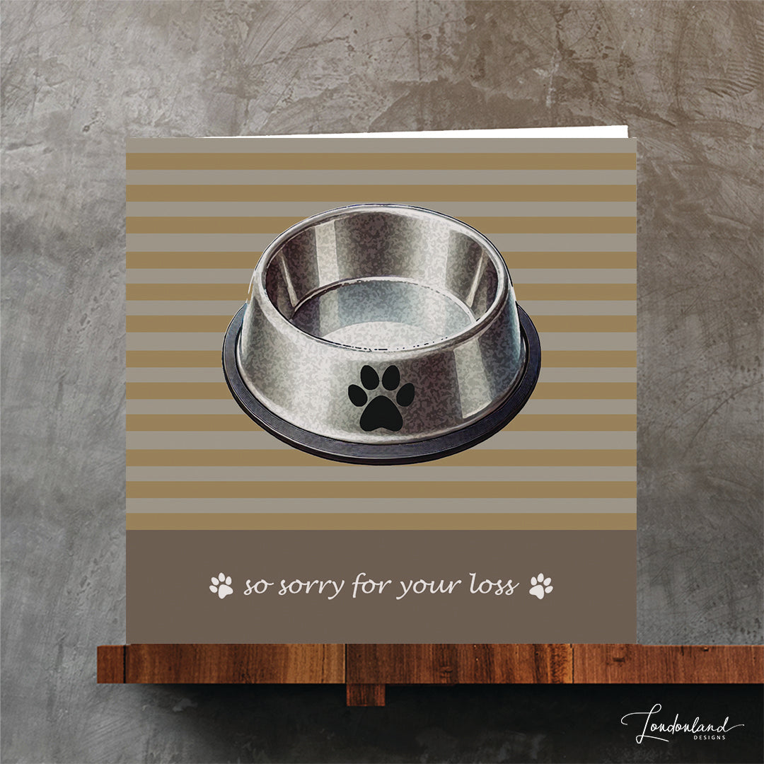 dog or cat sympathy condolence card with dog bowl and paw print