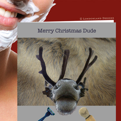 Christmas card for men. Card with a reindeer's face and text 'Merry Christmas Dude' byLondonland Designs.