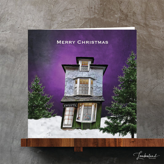 Victorian sweet shop purple christmas card by Londonland Designs