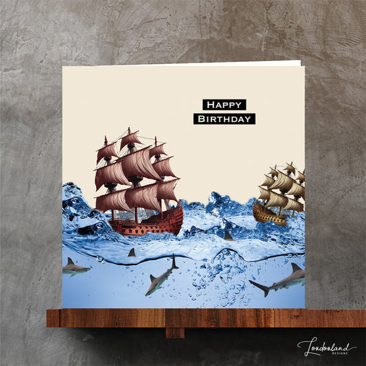 Birthday card with old ships and sharks on a beige background