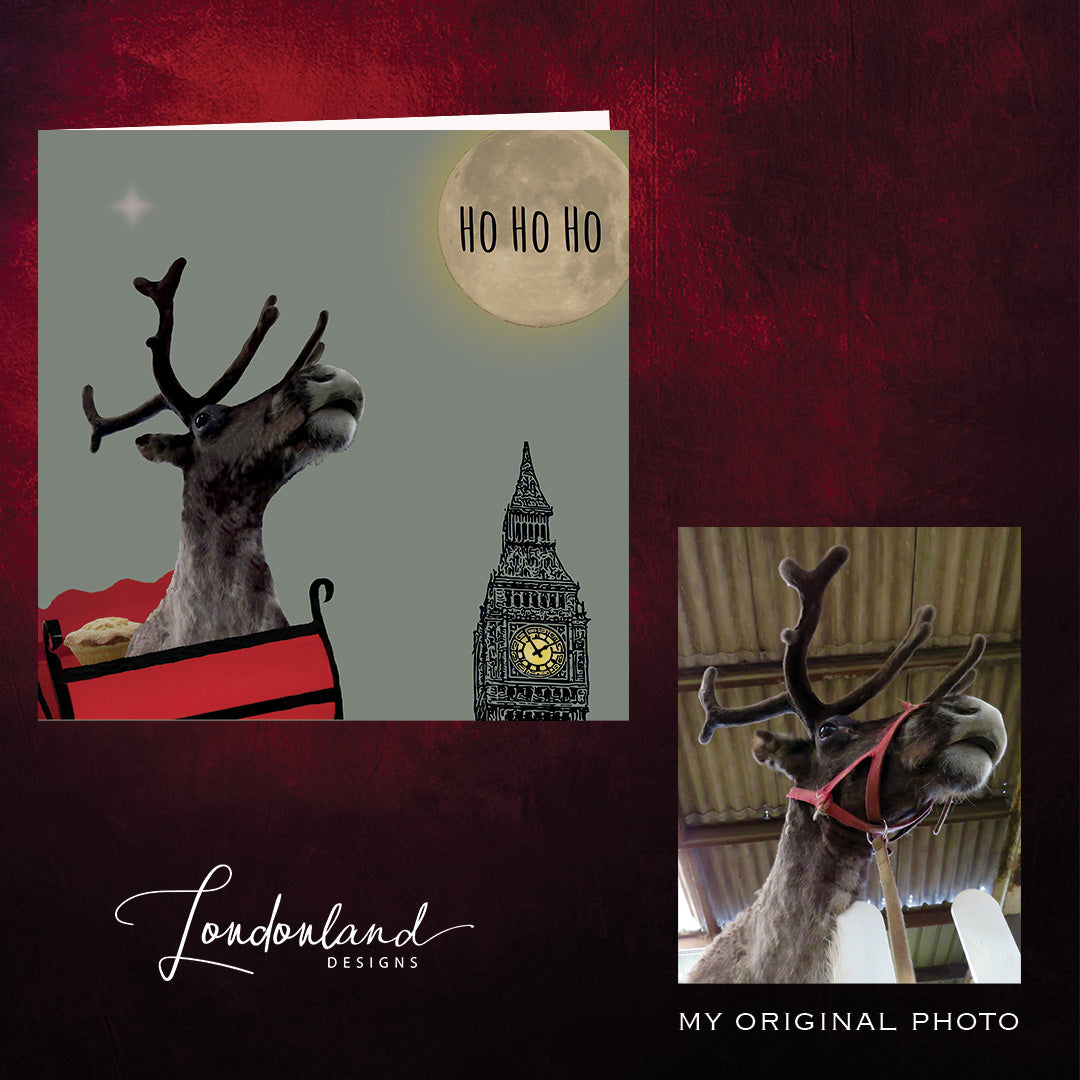 Christmas card with reindeer, sleigh, and Big Ben design on a red background, featuring Londonland Designs. Before and after design photo.