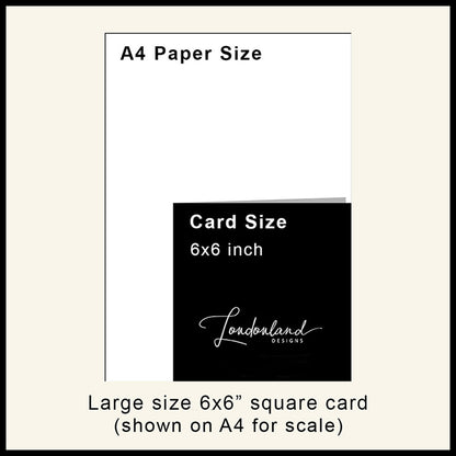 A Londonland Designs product graphic showing an A4 paper size comparison with a square 6x6 inch sample card overlaid. (large size card shown on A4 for scale).