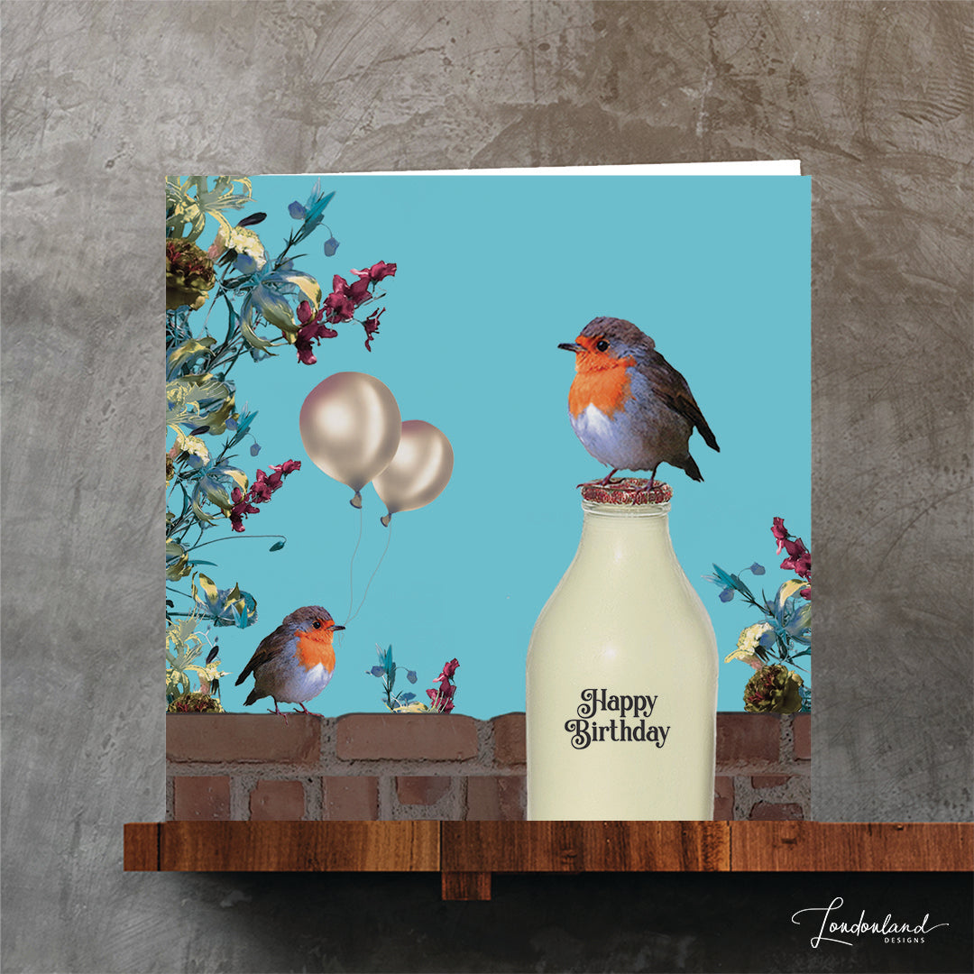 robin sitting on a milk bottle, designer birthday card by Londonland Designs