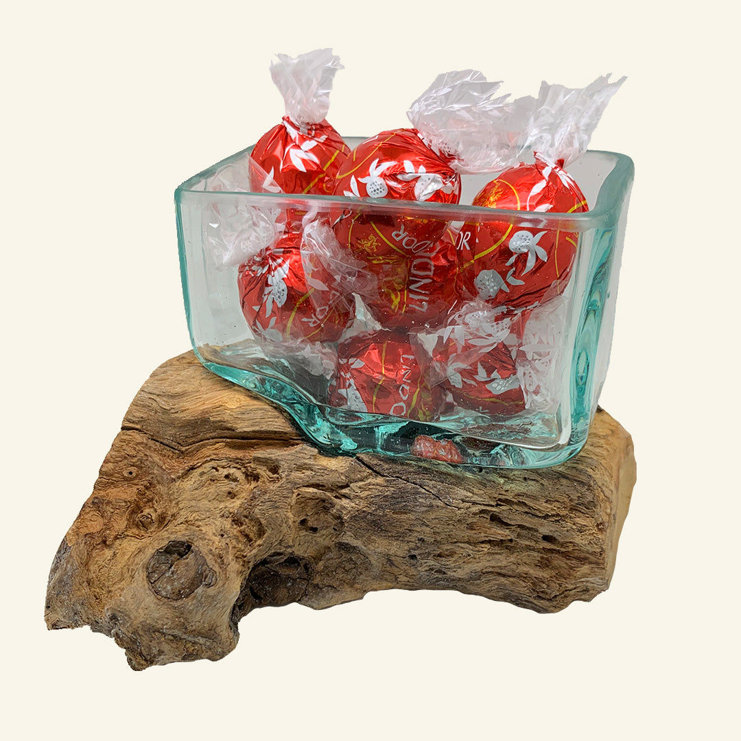 Wood and melted glass small mini bowl for chocolate or sweets display