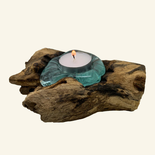 Recycled Molten Glass & Balinese Wood | Tealight Candle Holder made in Indonesia