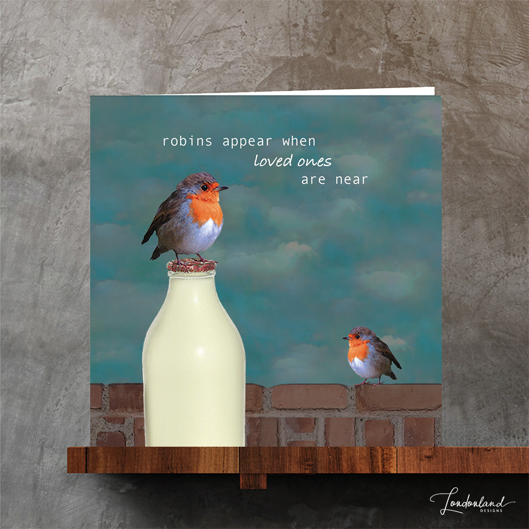 robin sitting on a milk botlle sympathy or thinking of you card
