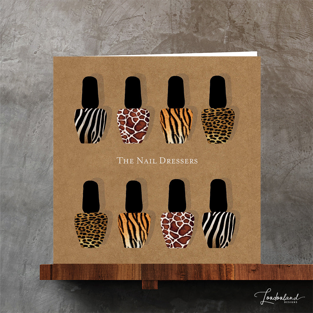 Original designer greeting card with giraffe, zebra, leopard and tiger animal print nail varnish bottles on a kraft background.