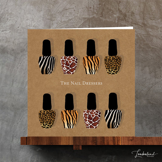 Original designer greeting card with giraffe, zebra, leopard and tiger animal print nail varnish bottles on a kraft background.