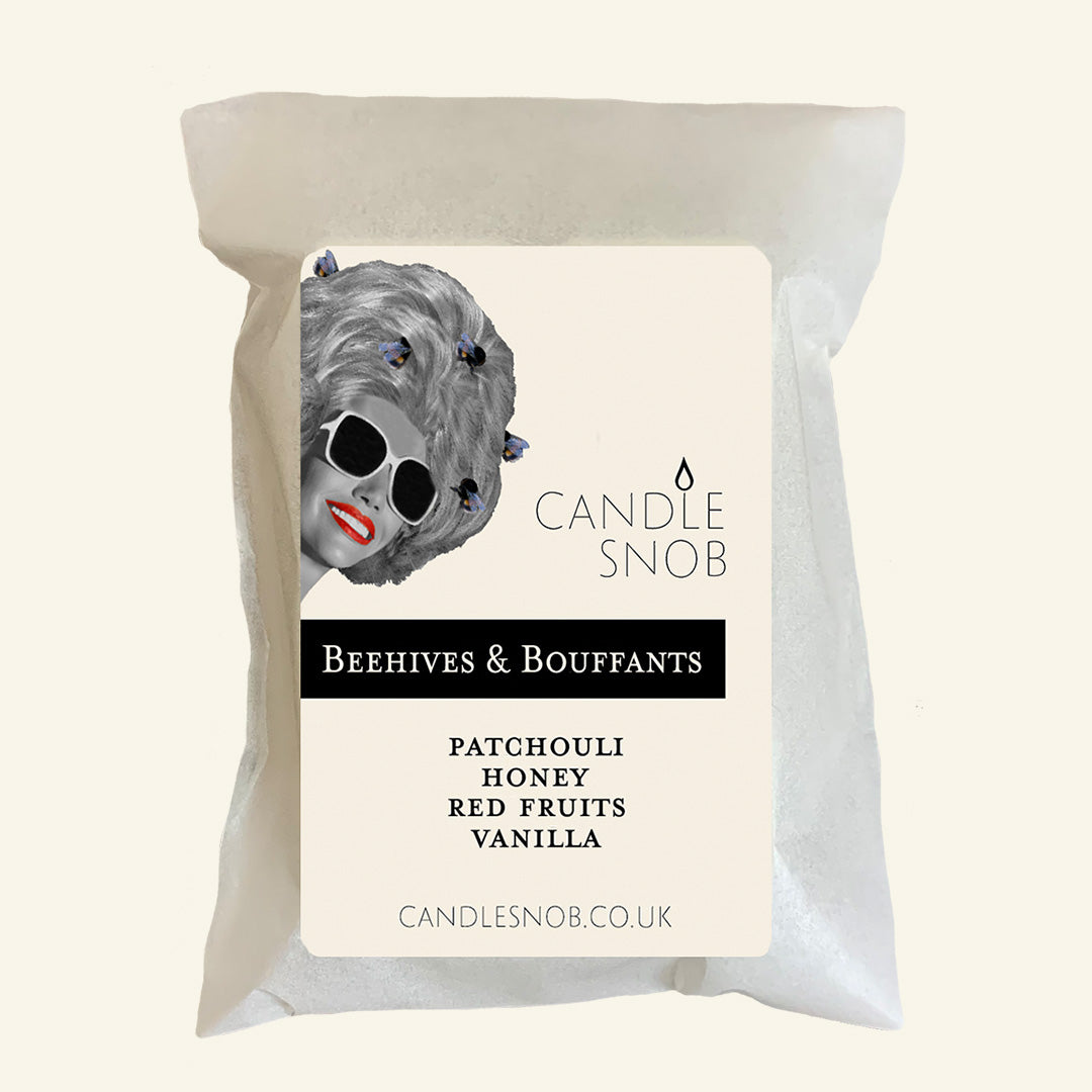 Beehives & Bouffants perfumed wax melts by Candle Snob. Patchouli, honey, red fruits, vanilla.