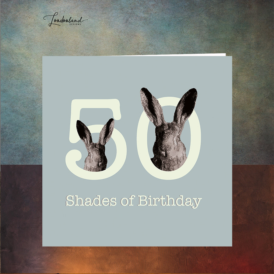 Fifty Shades Blue 50th Birthday Card with wild hares