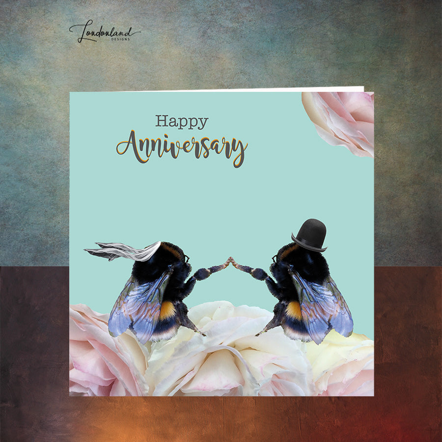 Anniversary Bees Anniversary Card, holding hands with Veil & Hat