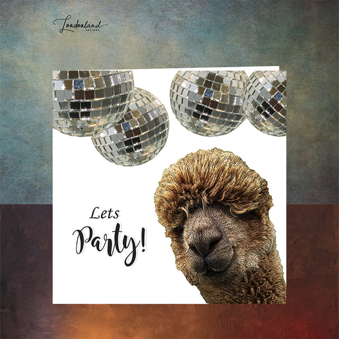 Alpaca Celebration Card | Disco Ball Lets Party Celebration Greeting Card
