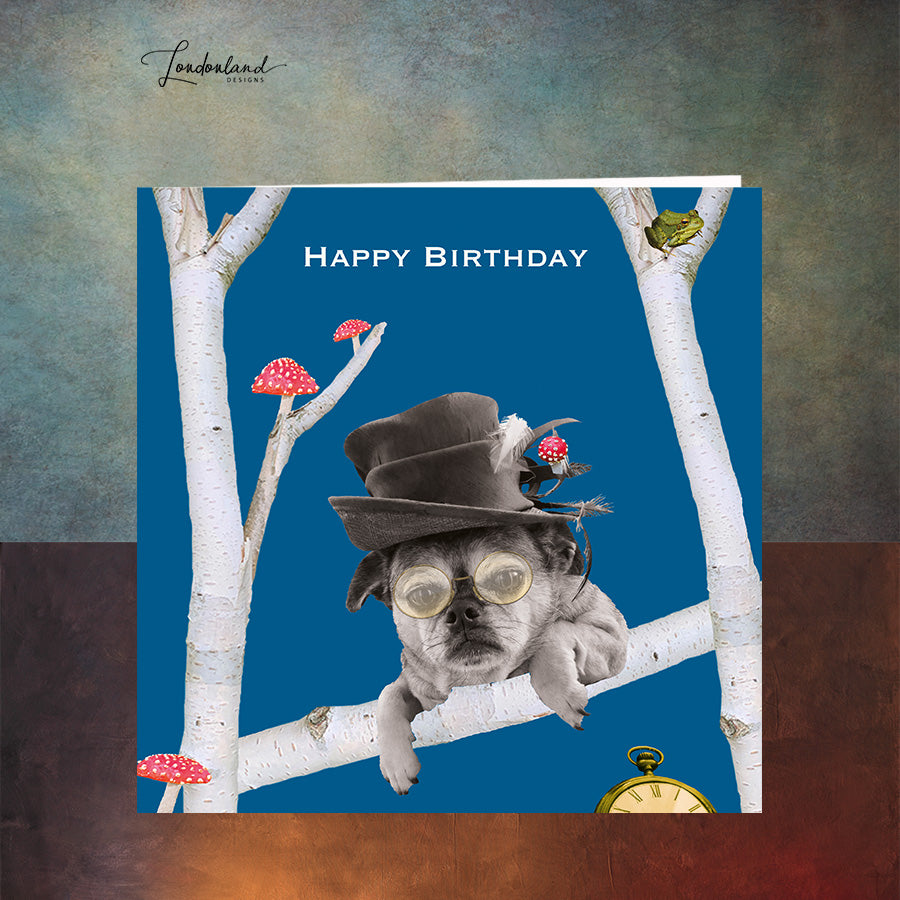 Birthday Birch Birthday Card - Pug in a hat with silver birch tree branches