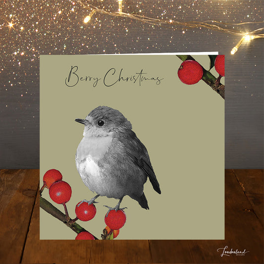 Berry Olive Christmas Card Black & White robin bird