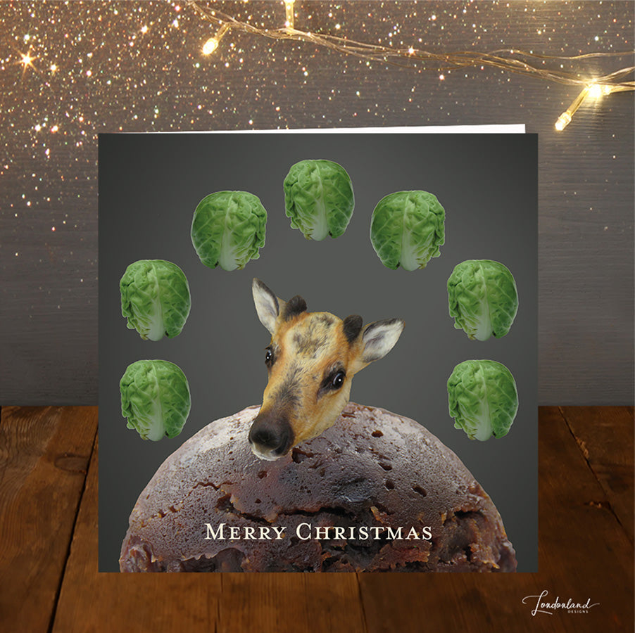 Baby Reindeers Dinner Christmas Card Brussel Sprouts & Pudding