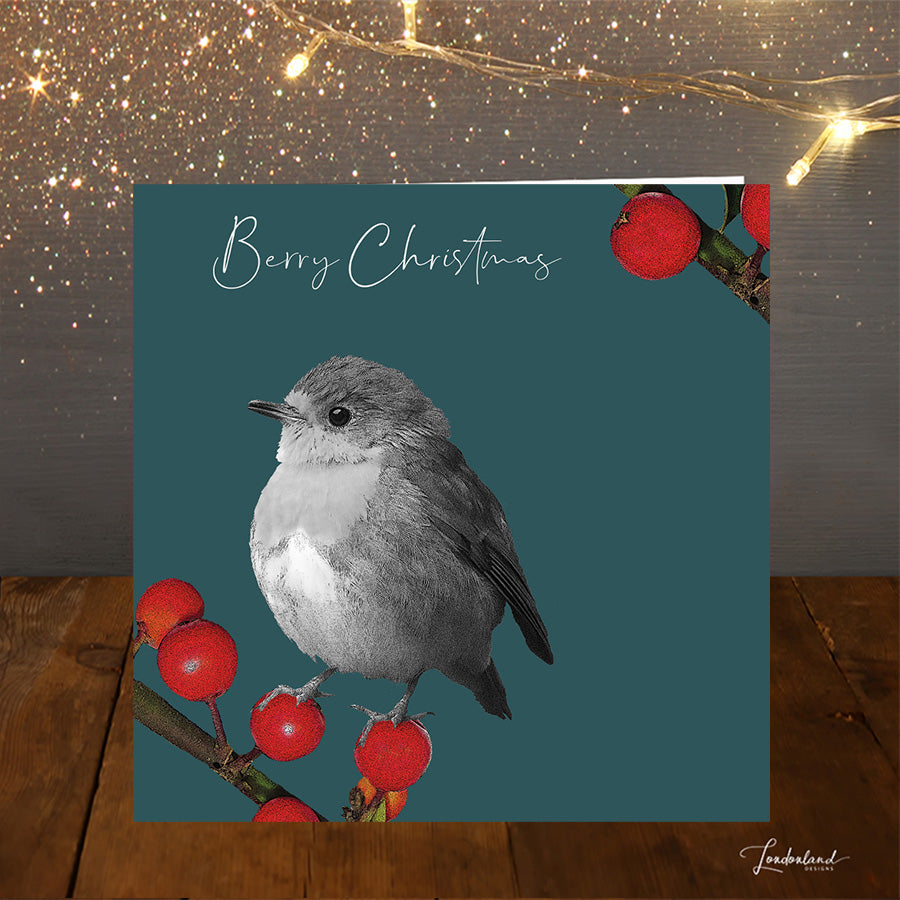 Berry Teal, Robin & Berries Christmas Card