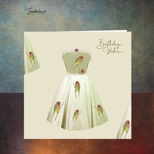 Birthday Couture, Designer Bird Dress with pearls Birthday Card