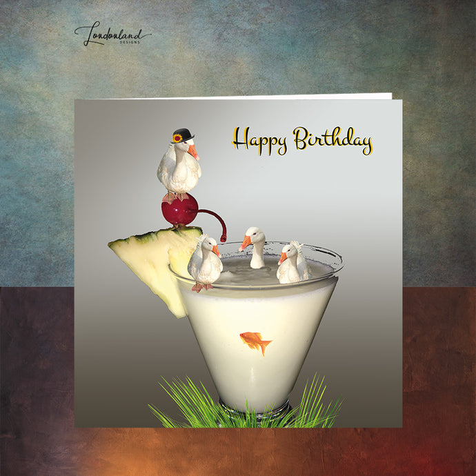 Cocktail Pond Birthday card with geese swimming in a pina colada 