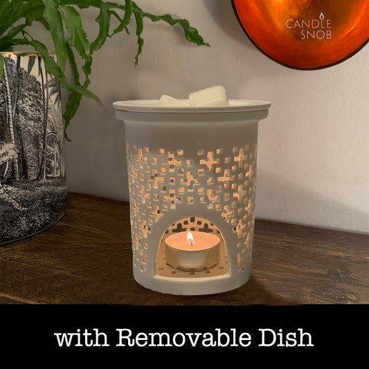 White ceramic moroccan style wax melt burner melter with removable dish