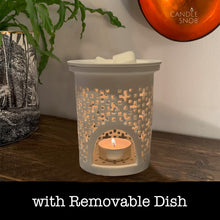 Load image into Gallery viewer, White ceramic moroccan style wax melt burner melter with removable dish
