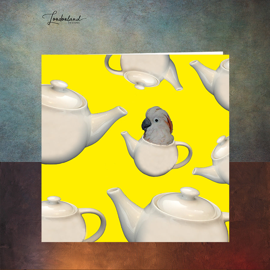 Flying Teapots & Parrot yellow Greeting Card