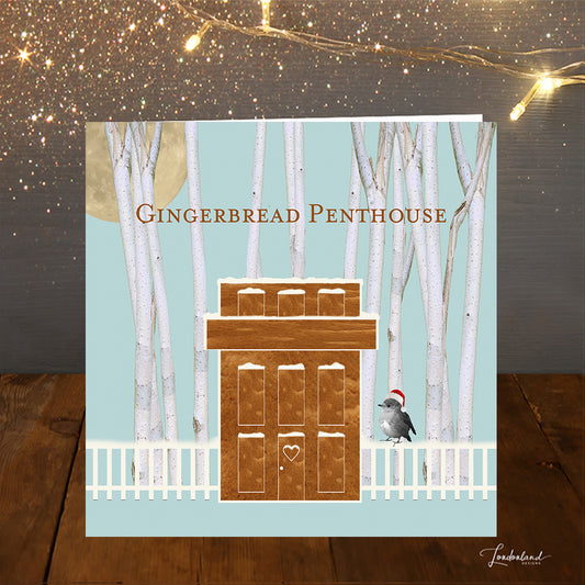 Gingerbread Penthouse in a Silver Birch Tree Forest -  Blue Christmas Card by Londonland Designs