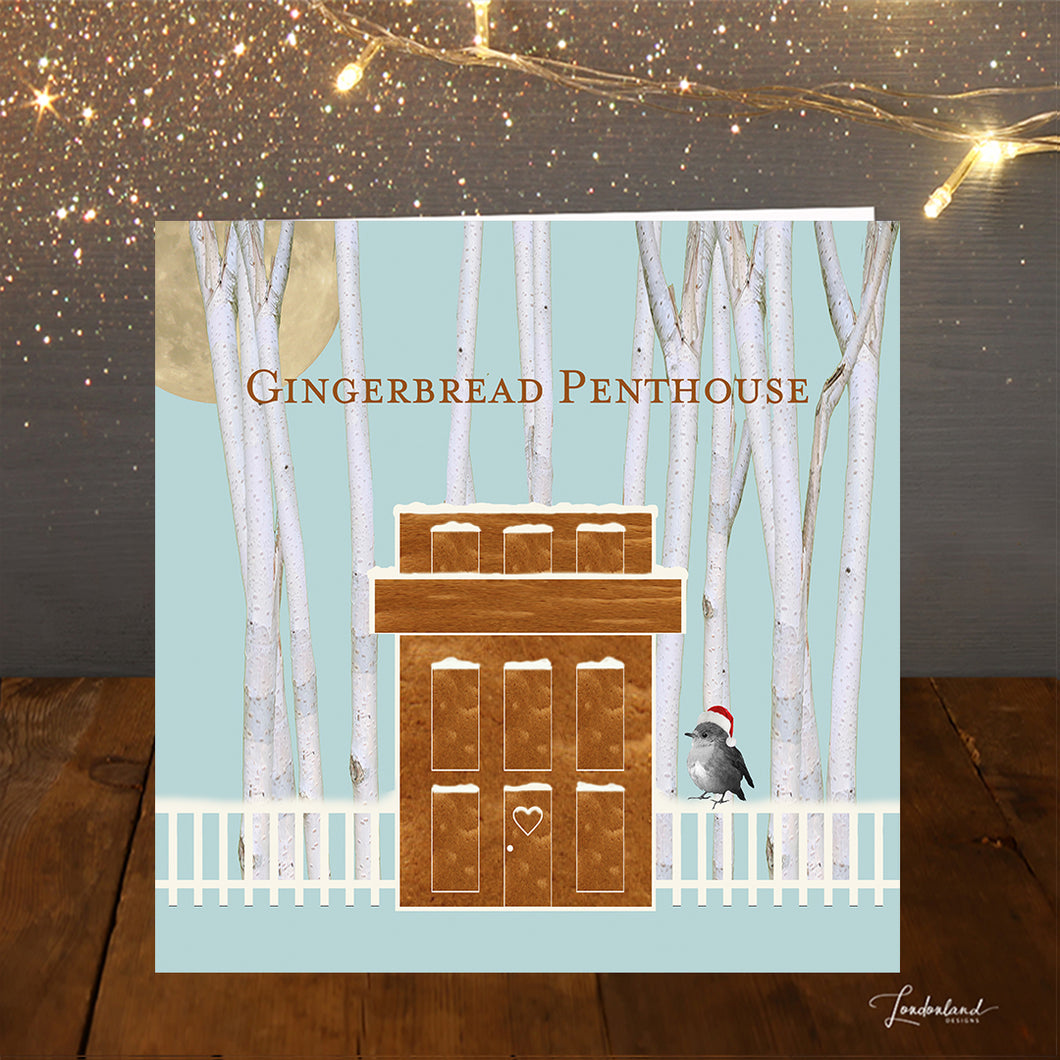 Gingerbread Penthouse in a Silver Birch Tree Forest -  Blue Christmas Card by Londonland Designs