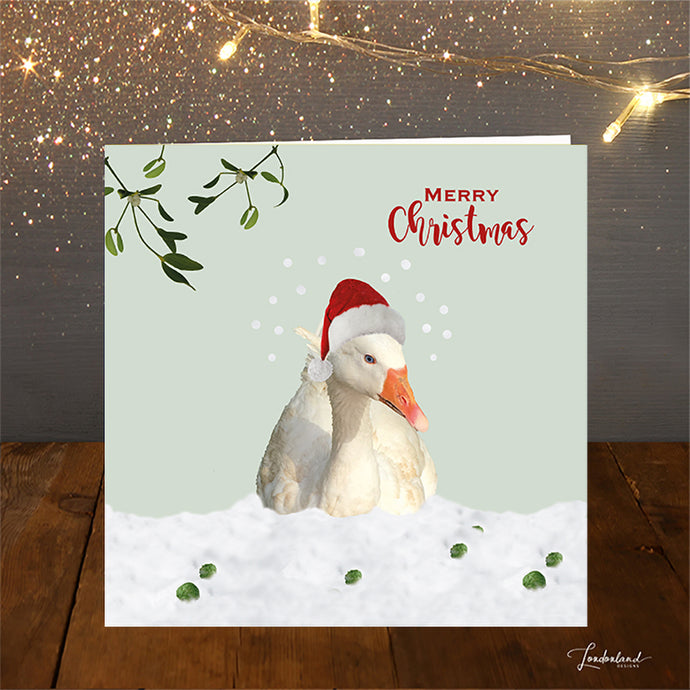 Gwyneth The Goose Christmas Card, with red hat, mistletoe & snow