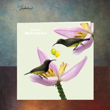 Load image into Gallery viewer, Hummingbird Birthday Card with tropical Thai flowers &amp; balloons
