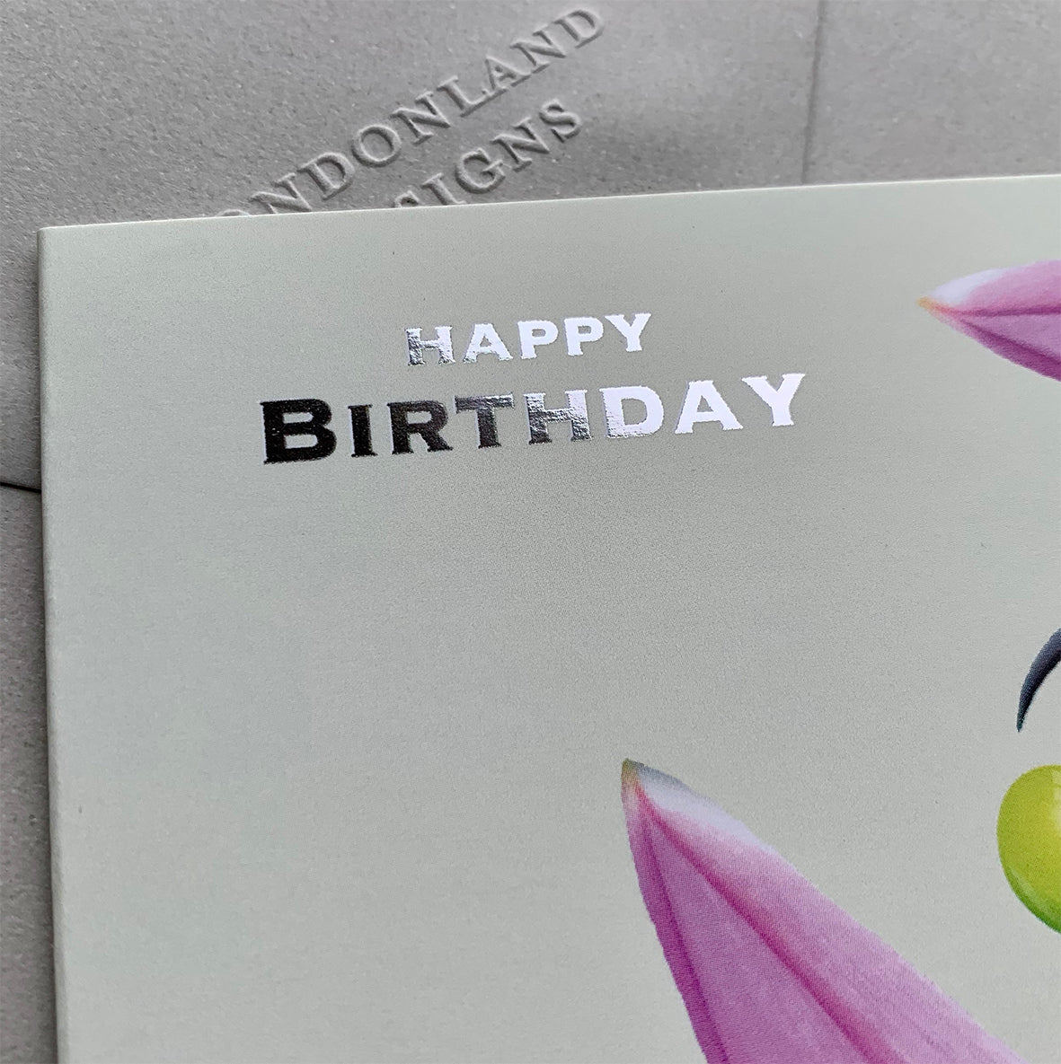 Hummingbird Birthday silver foil greeting card by Londonland Designs