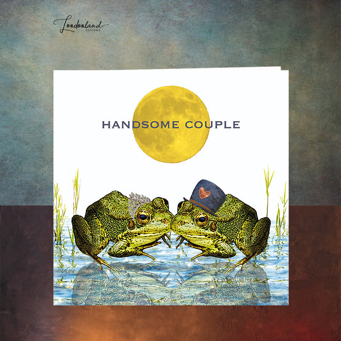 Handsome Couple Wedding Anniversary Engagement Card with Kissing Frogs Toad in a Pond