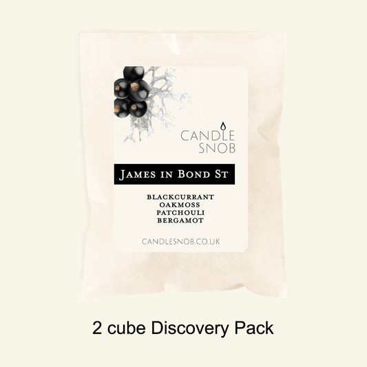Candle Snob by Londonland Designs. James In Bond Street wax melts sample 2 cube pack. Blackcurrant, Oakmoss, Patchouli, Bergamot.