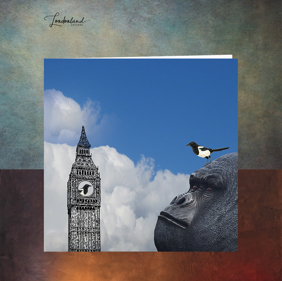 Kong Of London, Gorilla Ape in London with two magpies & Big Ben, Greeting Card