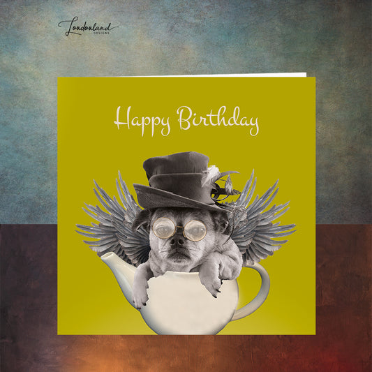 Mad Tea Party, dog in a teapot steampunk Birthday Card
