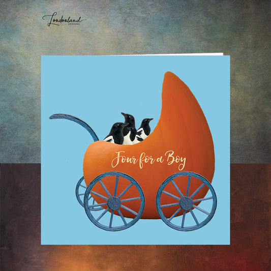 Pumpkin Pram Boy New Baby Card with four magpies