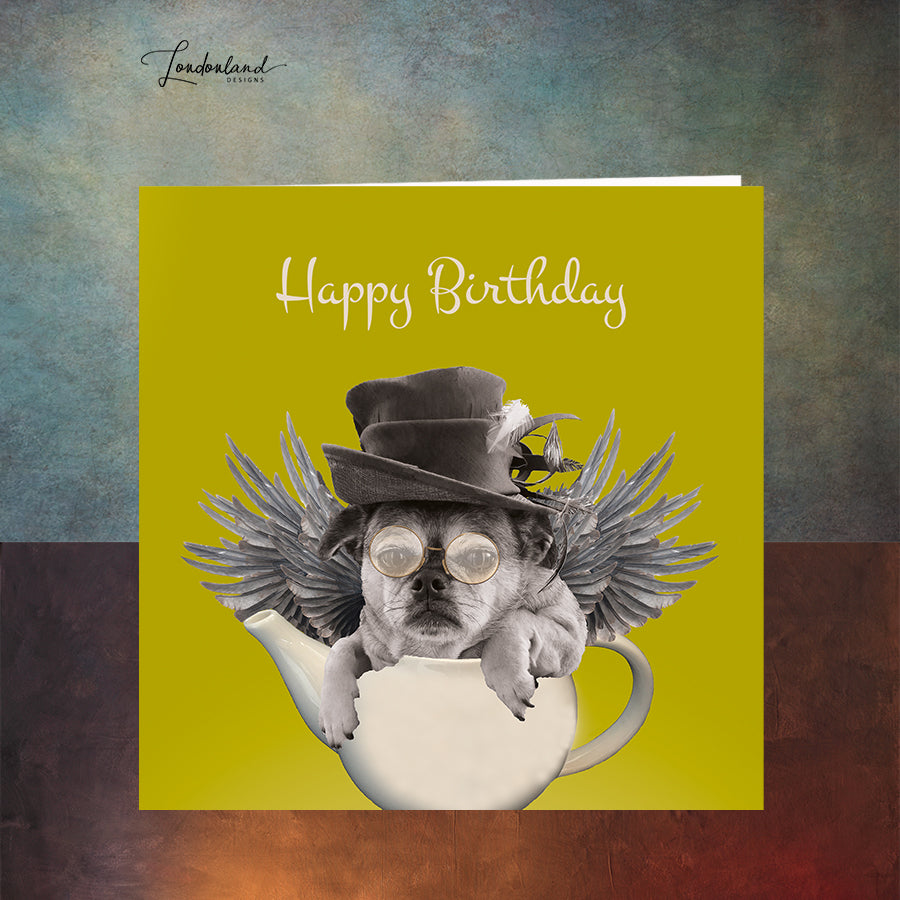 Mad Tea Party, pug dog with wings in a teapot steampunk Birthday Card