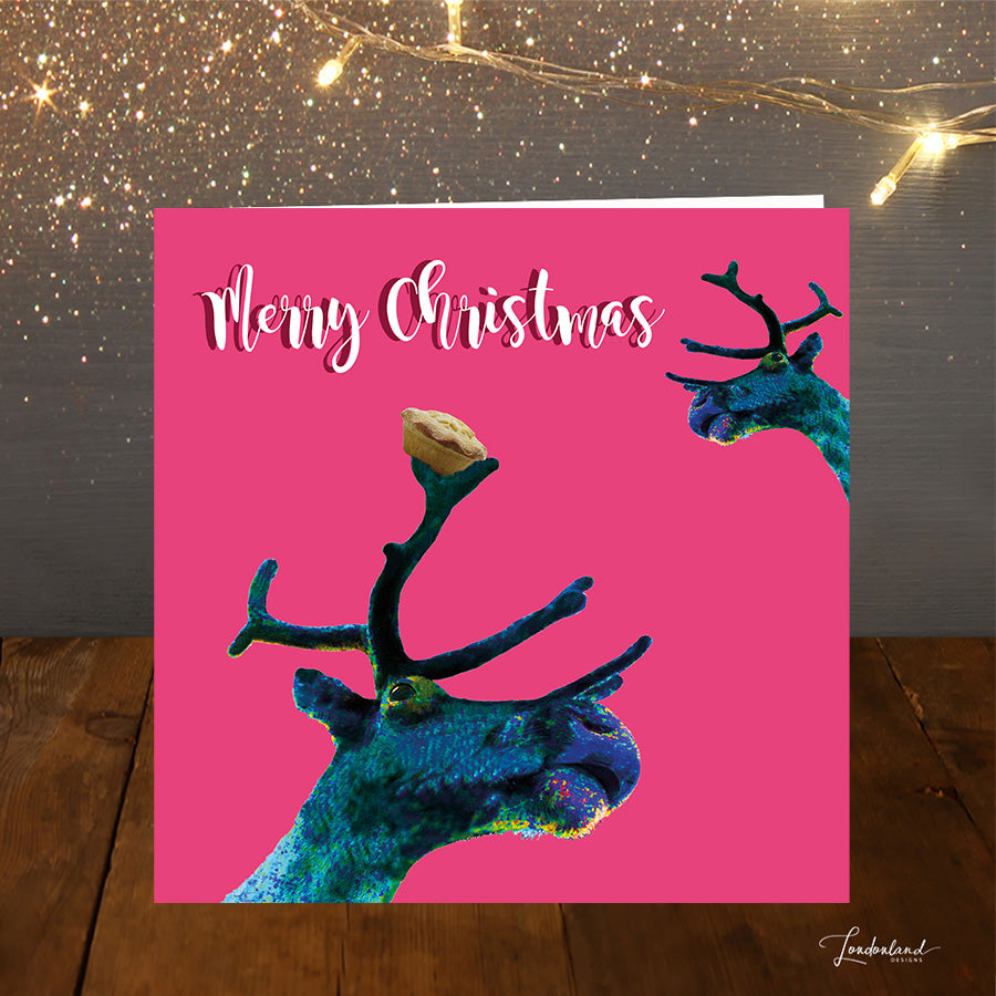 Reindeer Pie, bright pink Christmas Card with mince pies