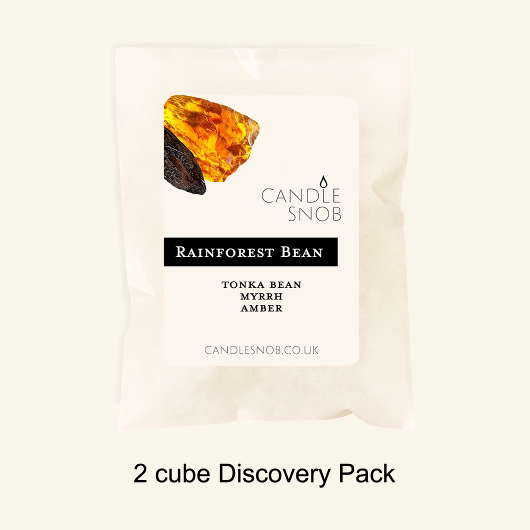 Candle Snob by Londonland Designs. Rainforest Bean wax melts sample 2 cube pack. Tonka Bean, Myrrh, Amber.