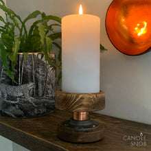 Load image into Gallery viewer, Large Recylced Wood, Cast Iron and Copper Metal Pillar Candle Holder Stand by Candle Snob

