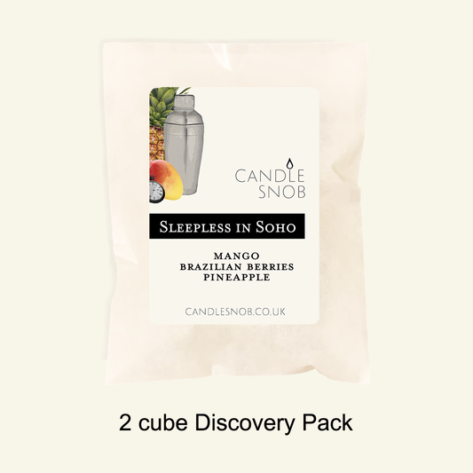 Candle Snob by Londonland Designs. Sleepless In Soho wax melts sample 2 cube pack. MANGO, BRAZILIAN BERRIES, PINEAPPLE.