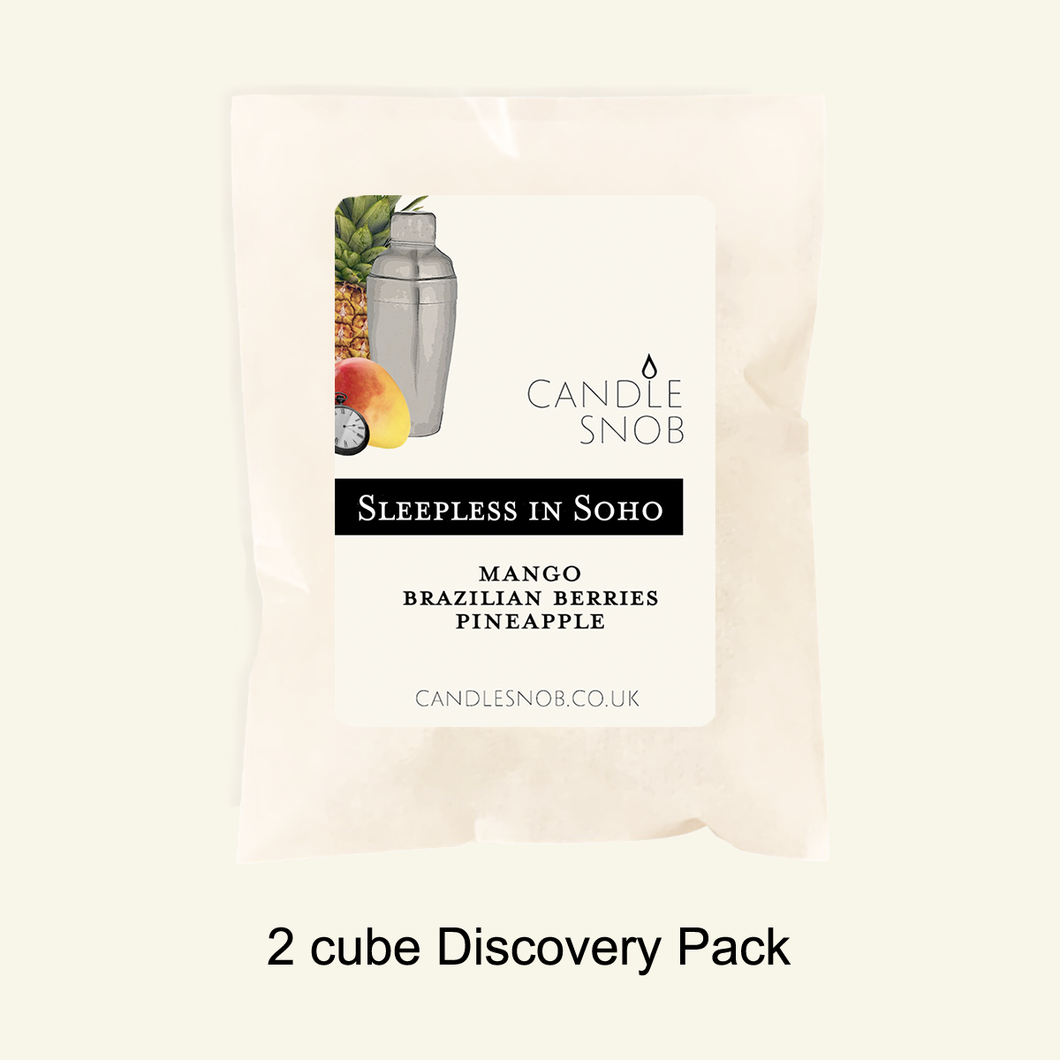 Candle Snob by Londonland Designs. Sleepless In Soho wax melts sample 2 cube pack. MANGO, BRAZILIAN BERRIES, PINEAPPLE.