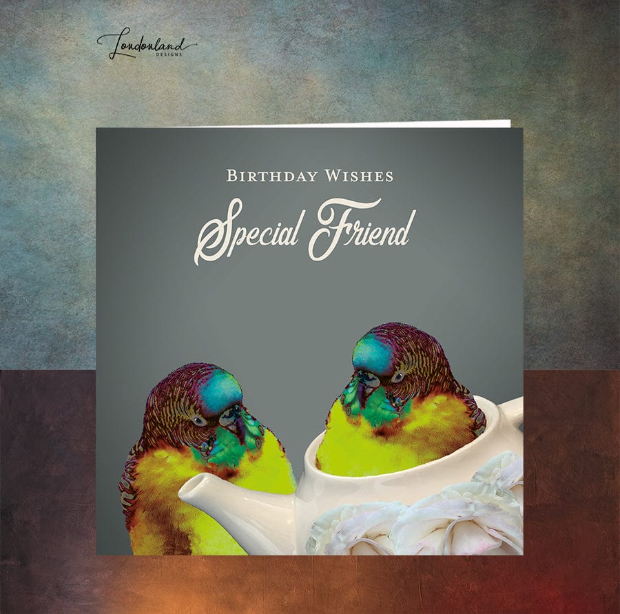 Teapot Friends, Budgie birds in a teapot, Special Friend Birthday Card