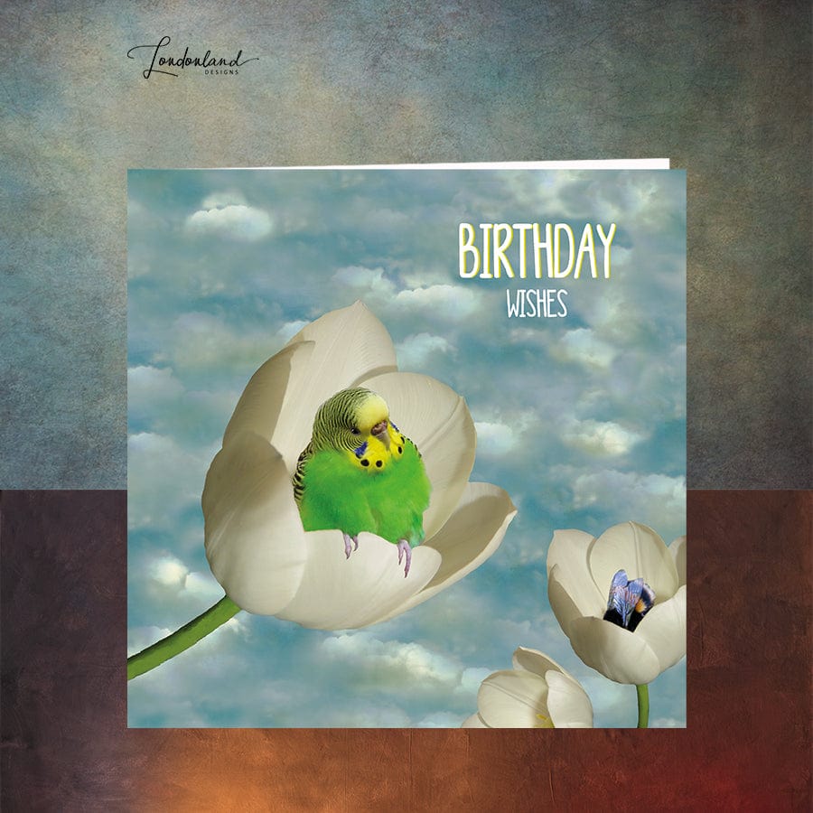 Tulip Nest , Green Bird & Bee with white Tulip, Birthday Card