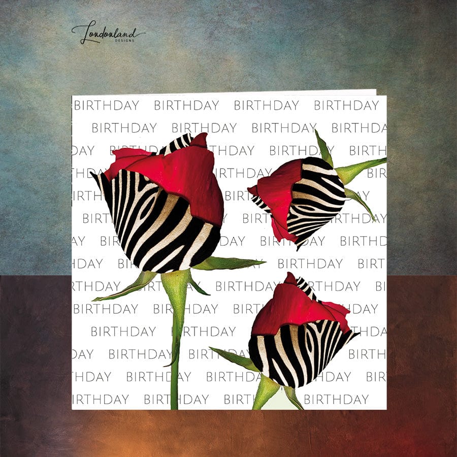Original birthday card of zebra animal print and red rose petals. The roses were from my favourite local florist. Unique artwork by Londonland Designs.