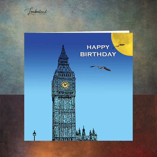 Big Ben Birthday Card with kite birds flying against the moon 