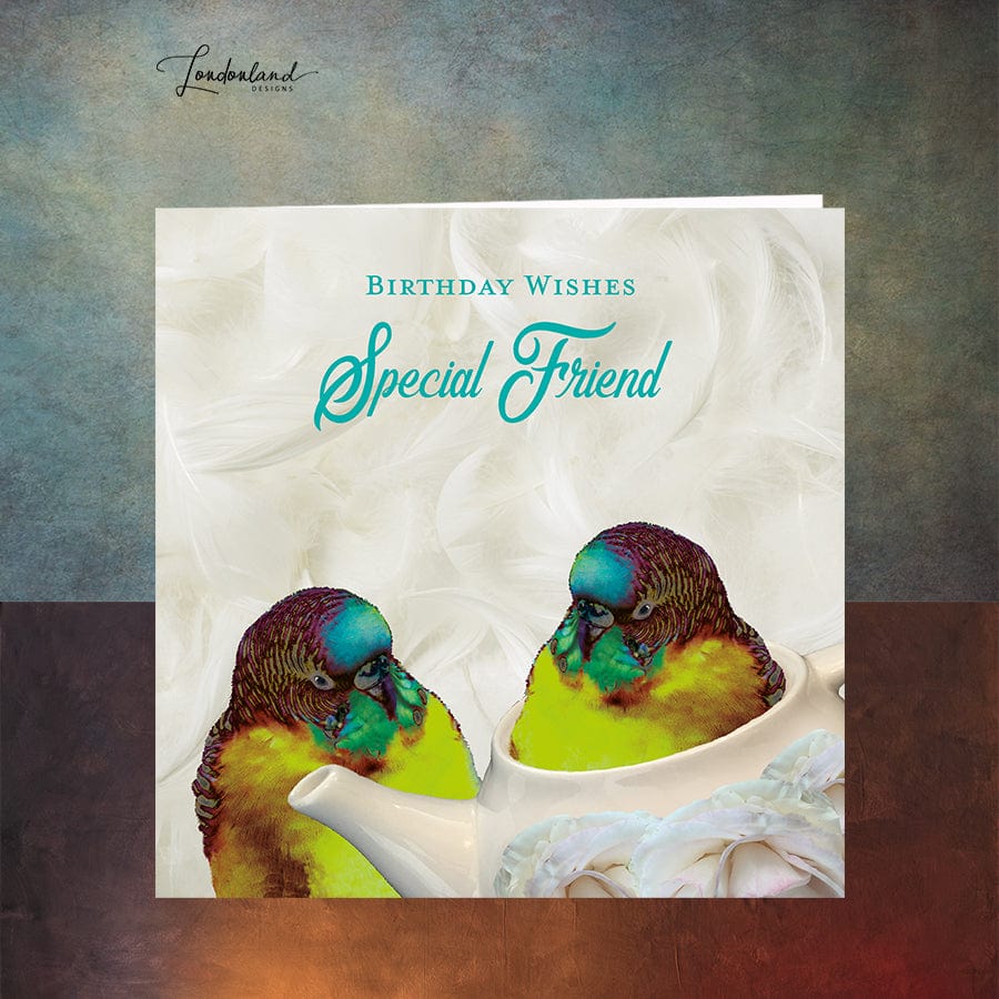 Teapot Friends, Budgie Bird in a teapot, Special Friend Birthday Card with feather background