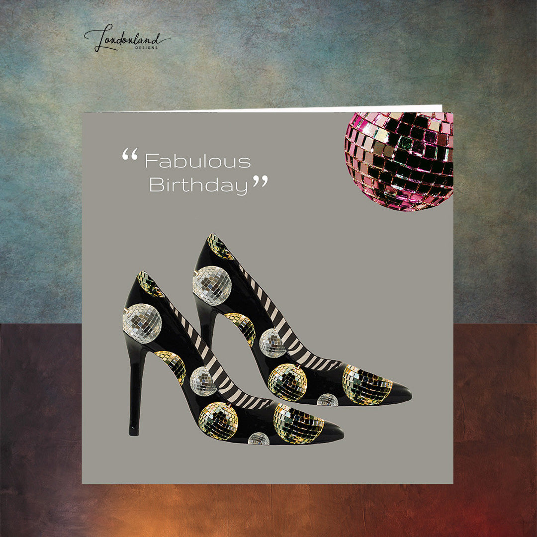 Disco Shoes Birthday Card | Zebra Print Disco Shoes and ball