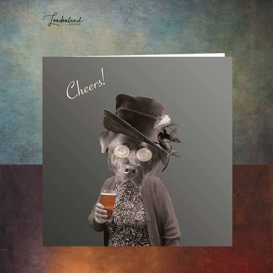 Pint of Cheer Celebration Card. Dog lady holding a pint glass wearing a fancy old hat.