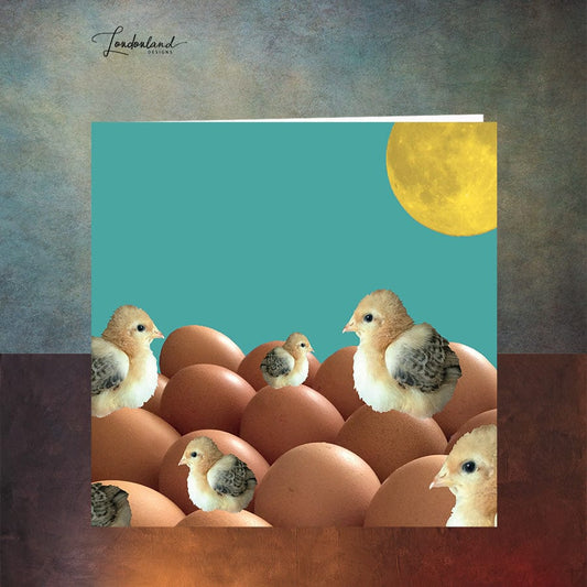 Button Moonlight Easter Card | Cute Chicks sitting on eggs with moon