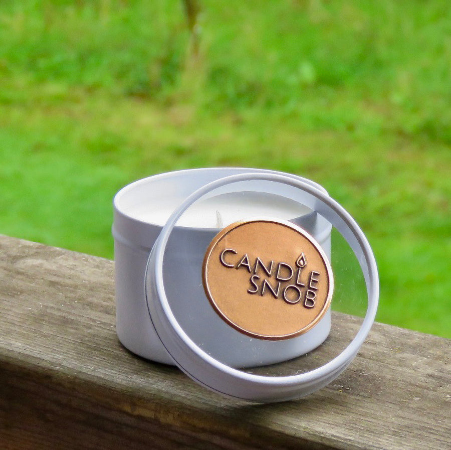 White scented Candle Snob white travel tin for travelling or gifts